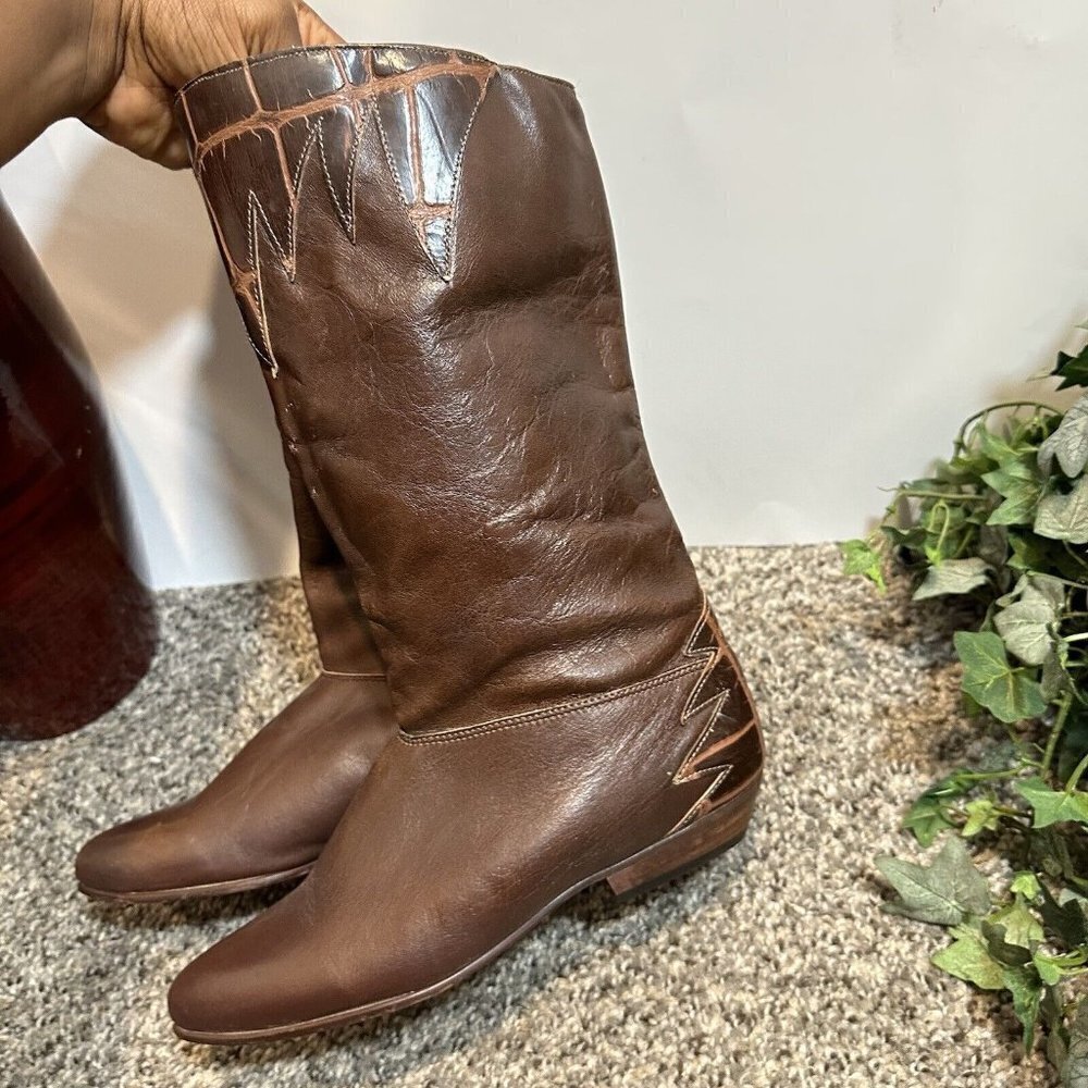 Capezio Vintage Knee High Cowboy Western Boots Size 5 Made In USA Brown Leather - Picture 7 of 11